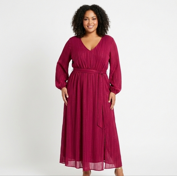 BloomChic Dresses & Skirts - Bloomchic Striped Maroon Party Dress Plissé Style Long Sleeves Dress